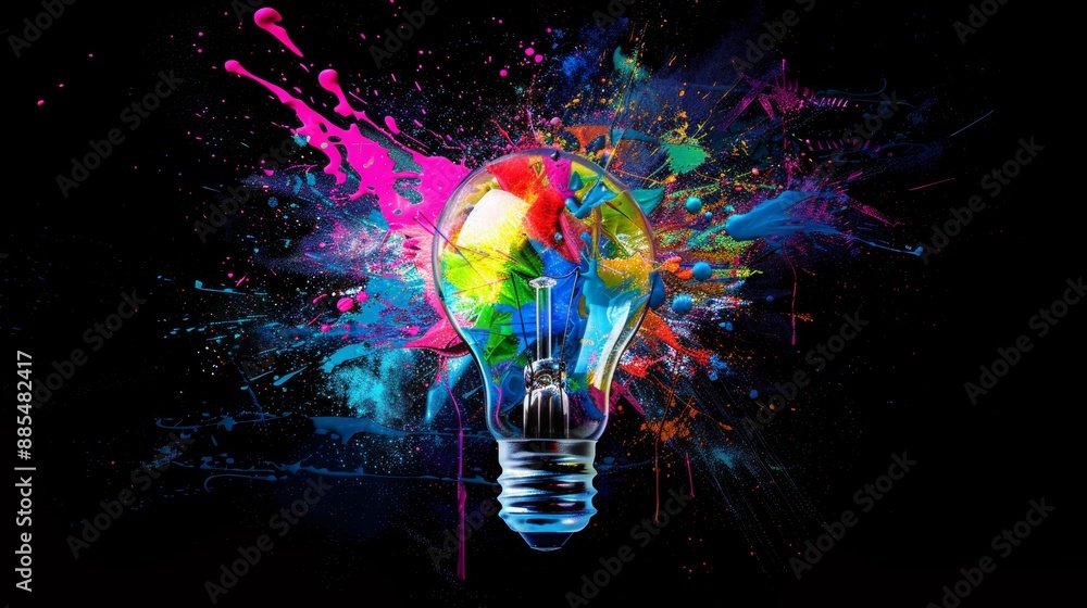 Poster creative light bulb exploding with colorful paint splashes on a black background - inspiring concept