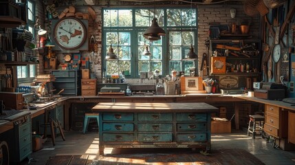 A cozy workshop with someone restoring an old piece of furniture, sanding and refinishing, surrounded by tools, paint, and other restoration supplies