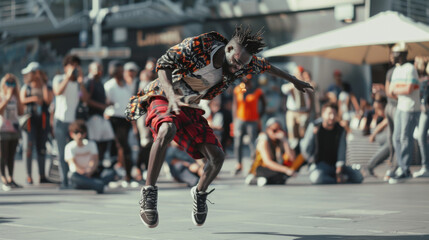 An exceptionally talented street dancer performs an acrobatic leap, captivating an urban crowd with energetic movements in an open city square.