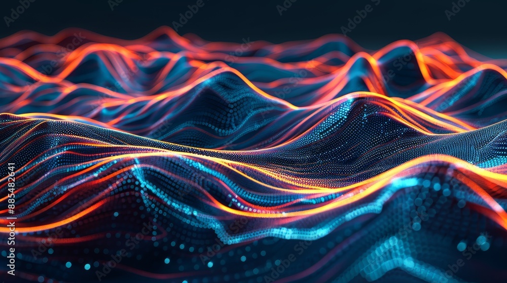 Poster futuristic technological background with flowing wave patterns - abstract 3d data flow chart illustr