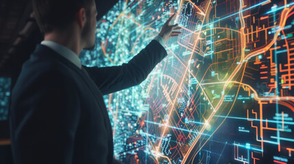 Fototapeta premium A man in a suit interacts with a high-tech digital map interface, likely in a control room or futuristic setting, analyzing complex data and routes.