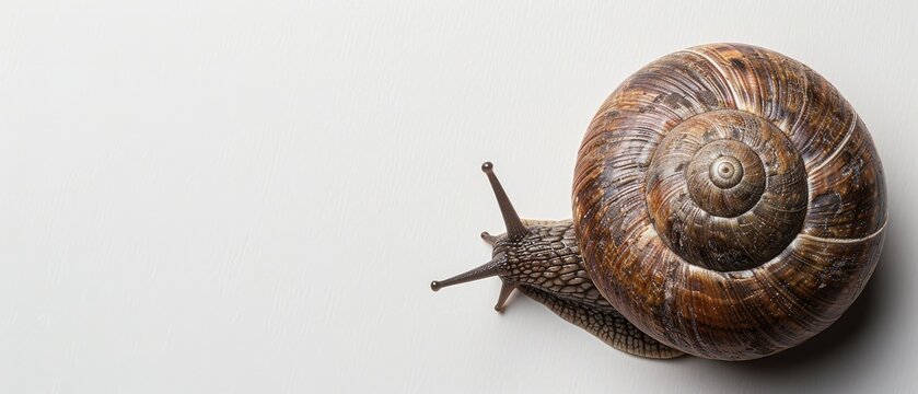 Close-up of a snail on a white background showcasing its spiral shell and texture. Ideal for nature, wildlife, and slow-paced metaphor themes.