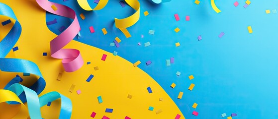 Colorful party decorations with vibrant ribbons and scattered confetti on a bright blue and yellow background. Perfect for celebration themes.