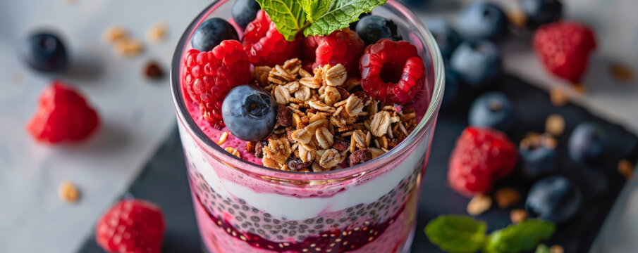 A vibrant chia pudding parfait layered with mixed berries, yogurt, and granola, served in a clear glass with a sprig of mint on top.