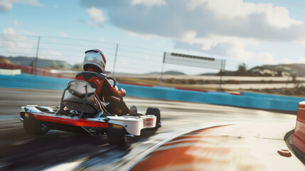 A dynamic scene of a go-kart racer speeding around a track, capturing the thrill and intensity of the race.