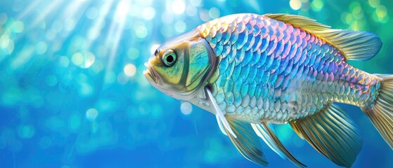 Naklejka premium Vibrant image of a colorful fish swimming in clear blue water with sunlight streaming through, creating a serene underwater scene.