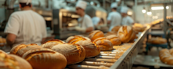 A conveyor belt transporting freshly baked bread in a bakery, with bakers working in the background and the smell of fresh bread in the air.