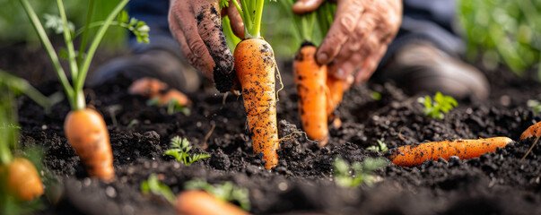 A close-up of hands pulling up fresh carrots from the soil, with rich, dark earth clinging to the roots.