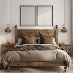 Fototapeta premium vintage wooden bed with brown pillows and bedside cabinets against white wall with posters frames 