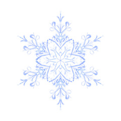 Blue glowing transparent snowflake, isolated. Merry Christmas and Happy New Year. Simple neon light. Shining winter, xmas lamp. Fluorescent, luminescent illumination. Png