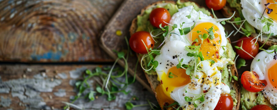 A delicious avocado toast topped with poached eggs, cherry tomatoes, and a sprinkle of microgreens, served on a rustic wooden table.