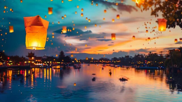 Slow motion release of Thai Kom Loy lanterns over picturesque river at twilight