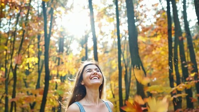 A contented and stunning young lady in an autumnal woodland, flinging leaves into the air