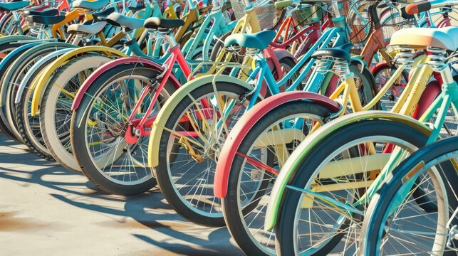 A vibrant collection of colorful bicycles arranged in a row, their wheels overlapping and creating a lively, playful pattern under the sunlight.