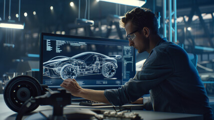 An engineer meticulously designs a high-tech car on a large computer screen, surrounded by futuristic equipment and blueprints in an innovative workspace.
