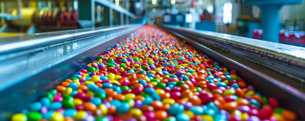 A conveyor belt in a candy factory, with colorful candies being sorted and packed, evoking a sense of joy and nostalgia.