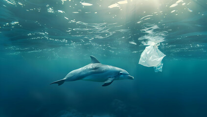 Fototapeta premium A dolphin swims near a plastic bag in the ocean, highlighting the issue of marine pollution and its impact on sea life.