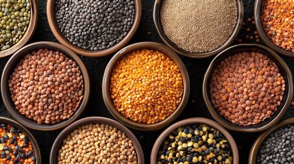 Lentil bowl, assorted lentils, top down view, sharp focus, best quality and detail.
