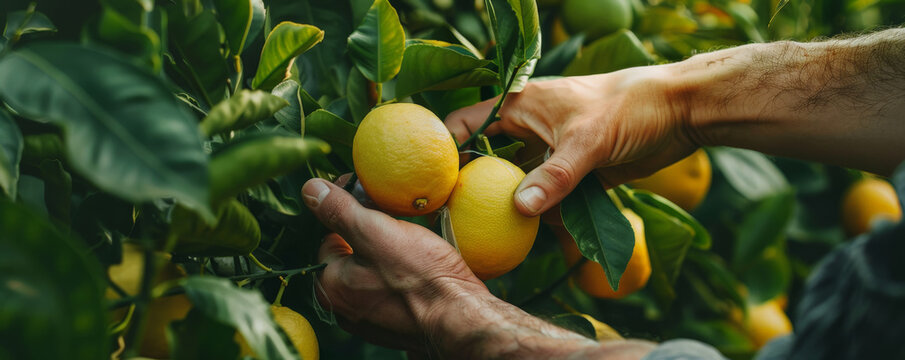A close-up of hands picking lemons from a tree, with bright yellow lemons and green leaves in the background.