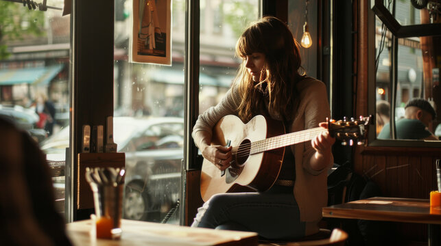 A young woman strums her guitar softly in a cozy cafe, lost in her music, as soft afternoon light filters through the window, creating a peaceful moment.