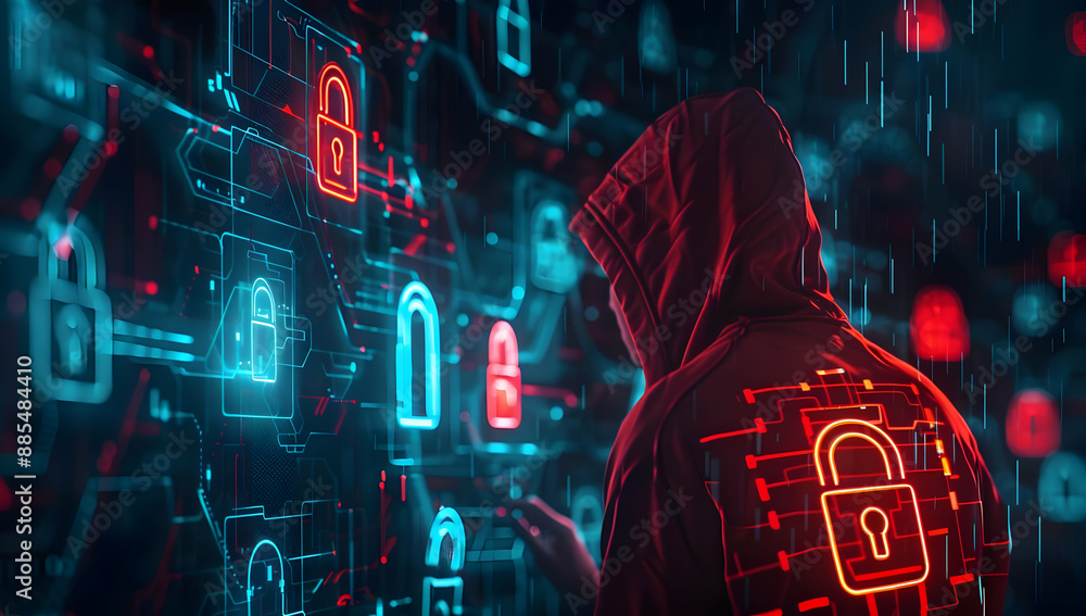 Poster a hooded figure in a dark environment surrounded by glowing digital locks, representing cybersecurit