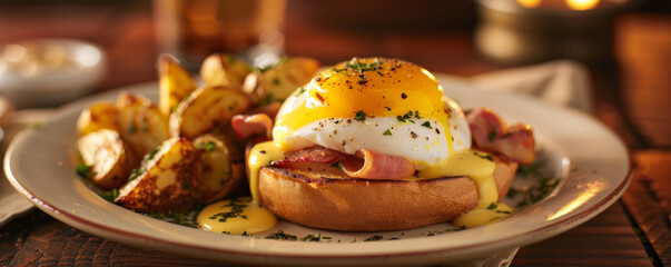 A decadent eggs Benedict with perfectly poached eggs, Canadian bacon, and hollandaise sauce on an English muffin, served with a side of roasted potatoes.