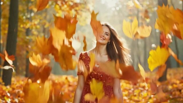 A contented and stunning young lady in an autumnal woodland, flinging leaves into the air