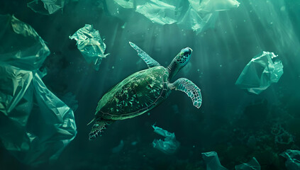 Fototapeta premium A sea turtle swims amidst ocean plastic pollution, highlighting environmental conservation and marine life challenges.