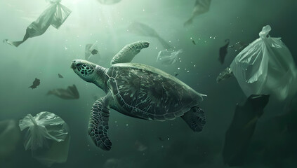 Fototapeta premium A sea turtle swims among floating plastic debris in the ocean, highlighting the pollution affecting marine life and environmental conservation.