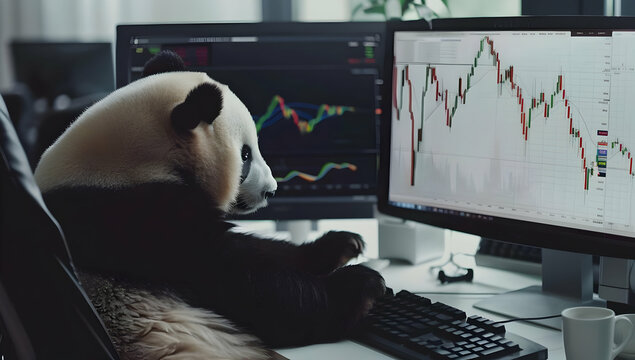 A panda sitting at a desk with multiple monitors displaying stock market charts, symbolizing business, finance, and technology concepts.