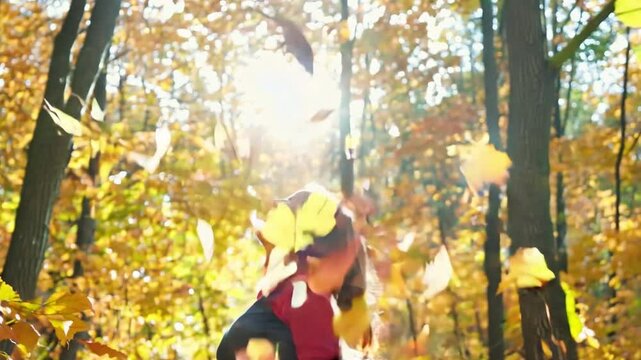 A contented and stunning young lady in an autumnal woodland, flinging leaves into the air