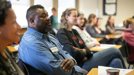 A diverse group of adults attentively participates in a seminar, indicating a focus on learning and community engagement within a classroom setting.