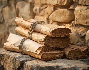 Ancient manuscript pages entwined with rustic stone wall texture