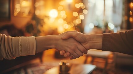 A handshake between two family members in a living room, with comfortable seating, family photos, and a warm light, highlighting the moment of making peace after a family disagreement.
