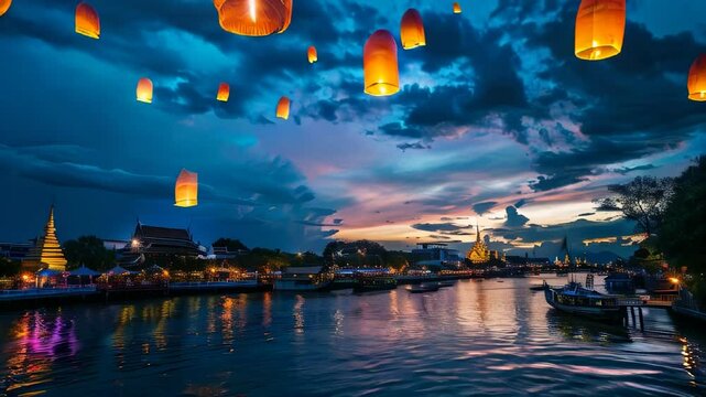 Thai Kom Loy lanterns floating over river at twilight, beautiful slow motion scenic background for festive events