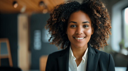Fototapeta premium Confident African American Businesswoman Smiling in Modern Office