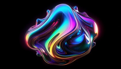 Obraz premium Bold holographic liquid blob shape isolated. Iridescent wavy melted substance on black background 