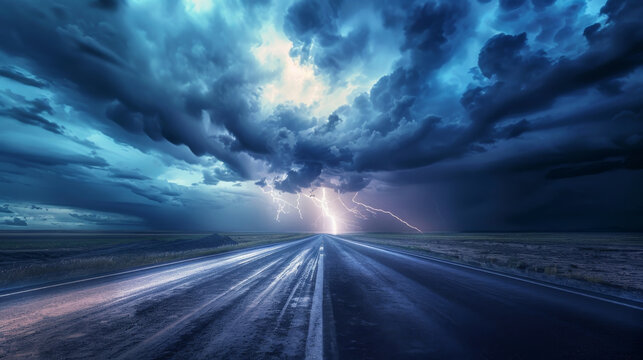 A dramatic landscape with a stormy sky and a lightning bolt striking the horizon, emphasizing nature's power and beauty.