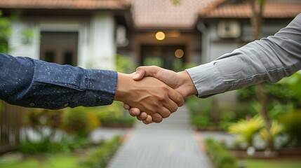A handshake between two neighbors in a front yard, with houses, greenery, and a fence in the background, representing mending fences after a neighborhood dispute. --ar 16:9 --v 6.0 --s 250 --style raw