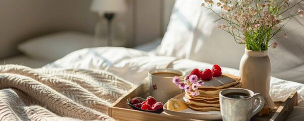 A cozy breakfast in bed with a tray holding a stack of pancakes, a bowl of fresh fruit, a cup of coffee, and a small vase with flowers.