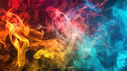 Fototapeta premium Vividly colored smoke in shades of red, orange, blue, and purple swirls and intertwines creating a mesmerizing abstract image.
