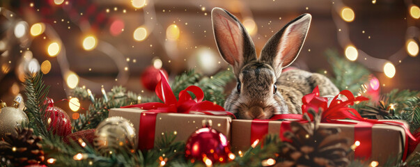 A curious rabbit peeking into a large Christmas gift box, surrounded by festive decorations and twinkling lights.