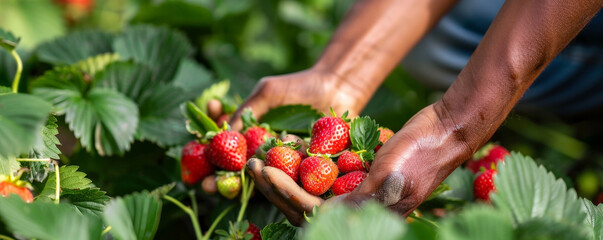 A close-up of hands harvesting strawberries, with vibrant red berries contrasting against the green leaves.