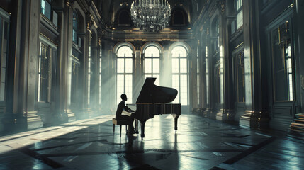A solitary pianist plays elegantly in a grand hall, with beams of sunlight streaming through large arched windows, creating a serene, ethereal atmosphere.