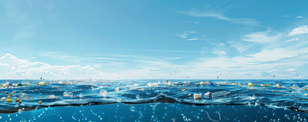 A polluted ocean with floating microplastics and larger debris, highlighting the severity of the issue. The clear sky above offers space for educational content.