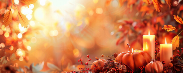 A festive arrangement with a pumpkin, candles, and fall foliage. The bottom half of the poster is empty, ideal for adding event details or messages.