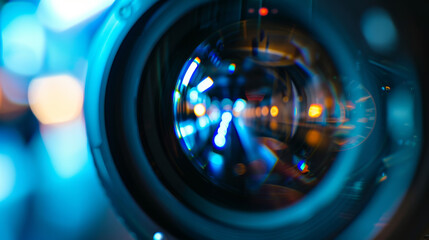 A close-up of a camera lens capturing city lights, creating a mesmerizing pattern of bokeh and reflections.