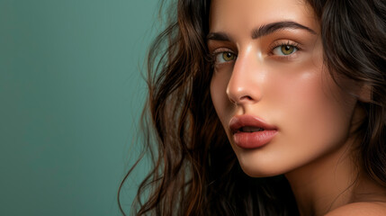 Naklejka premium A young woman with striking features and flowing, wavy hair looks pensively into the distance, her face softly lit against a teal background.
