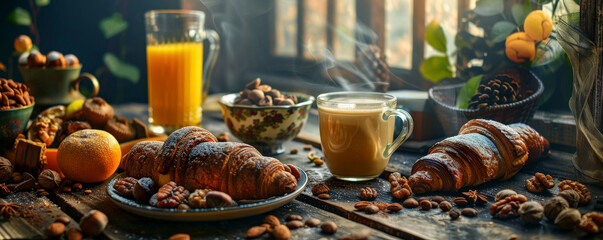 Fototapeta premium A decadent breakfast spread with chocolate croissants, a bowl of mixed nuts, a glass of orange juice, and a steaming cup of cappuccino.