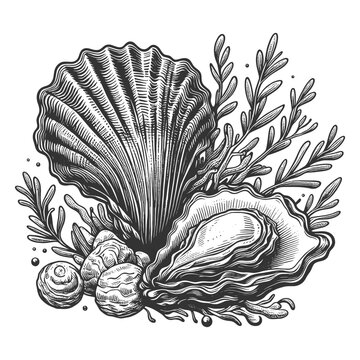 recommend clip art: seashells surrounded by seaweed, showcasing oceanic and marine life elements sketch engraving generative ai fictional character vector illustration. Scratch board imitation. Black and white image.